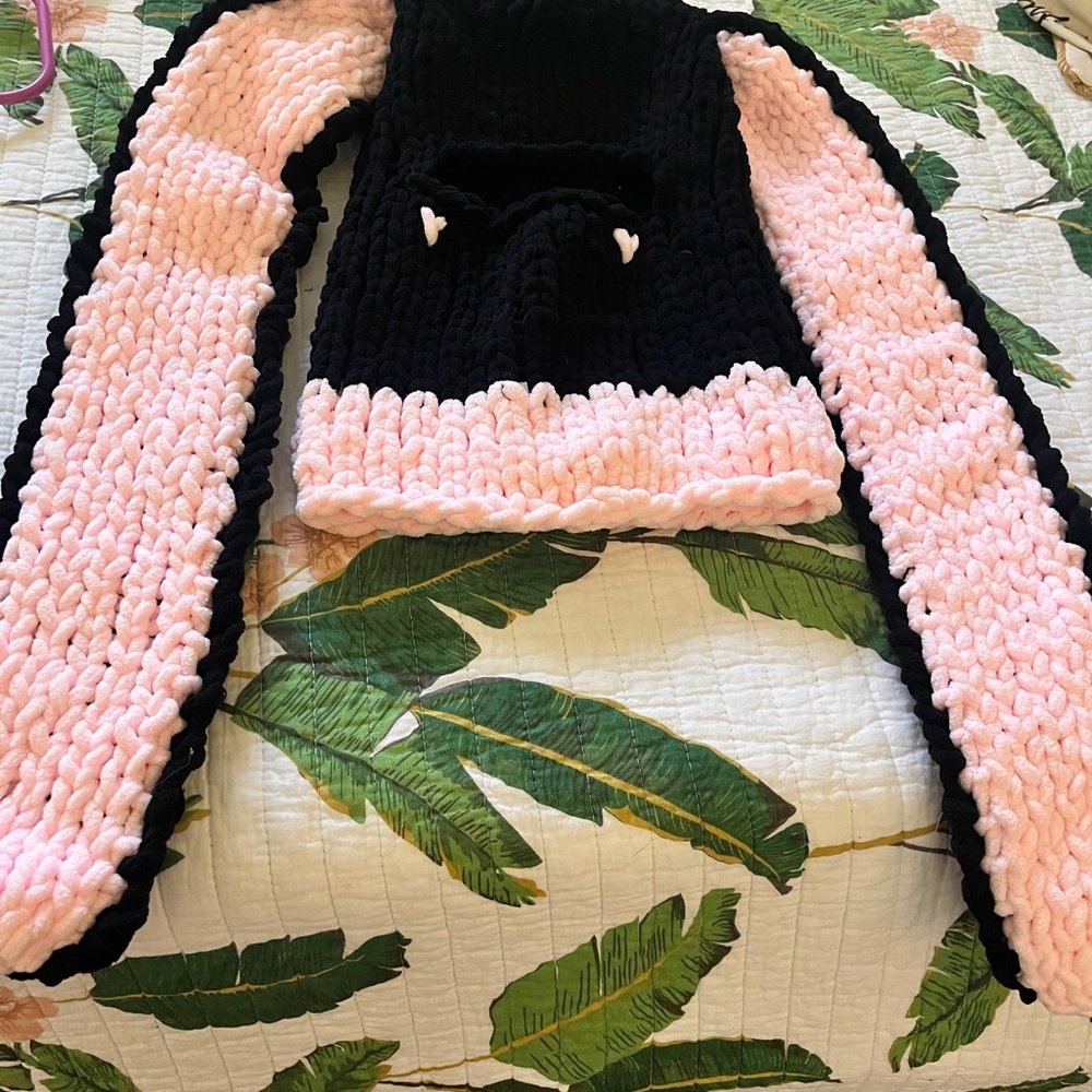 Handmade Kids Bunny Ear Scarf - Pink and Black